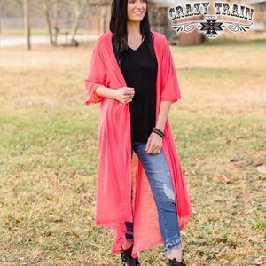 Crazy Train Short to Long Duster Kimono Sheer Coral Melon Sleeves One Size New